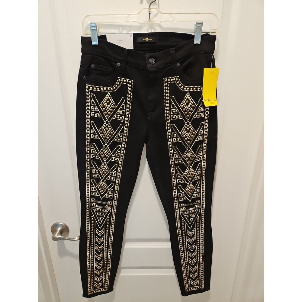 NWT 7 For All Mankind Black Gold Studded Embellished Skinny Jeans Size 27 - Picture 1 of 6